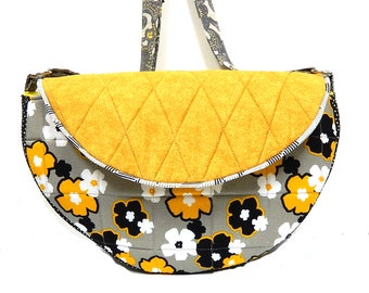 Saddle Bag Purse, Quilted Shoulder Bag, Crossbody Tote, Floral Purse with Yellow Black White Flowers, Fabric Purse