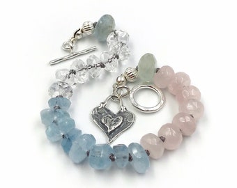 Silver 925 Heart Charm Magical Jewellery Multi Gemstone Soulmate Bracelet Love Crystal Bracelet Clear Quartz Aquamarine Rose Quartz
