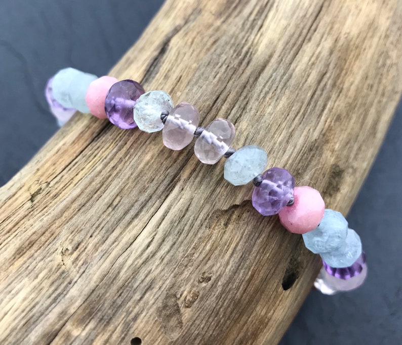 Saint Michael The Archangel Multi Gemstone Bracelet Ametrine Rose Quartz Aquamarine Communion Gift Catholic Jewelry Sterling Silver