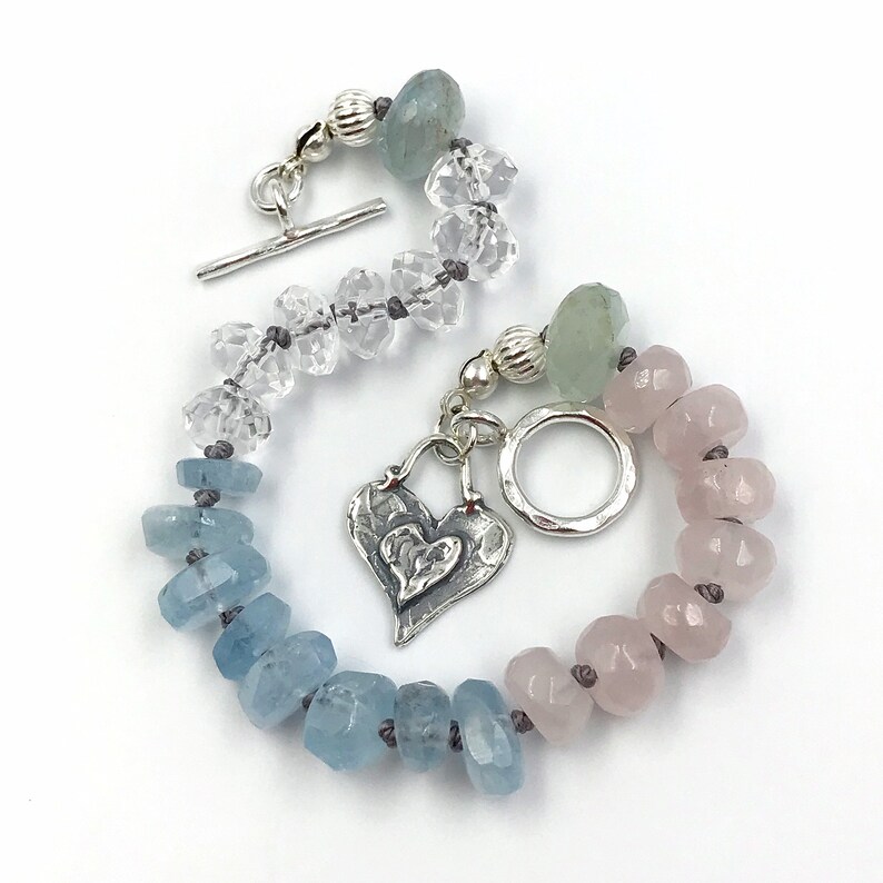 Silver 925 Heart Charm Magical Jewellery Multi Gemstone Soulmate Bracelet Love Crystal Bracelet Clear Quartz Aquamarine Rose Quartz