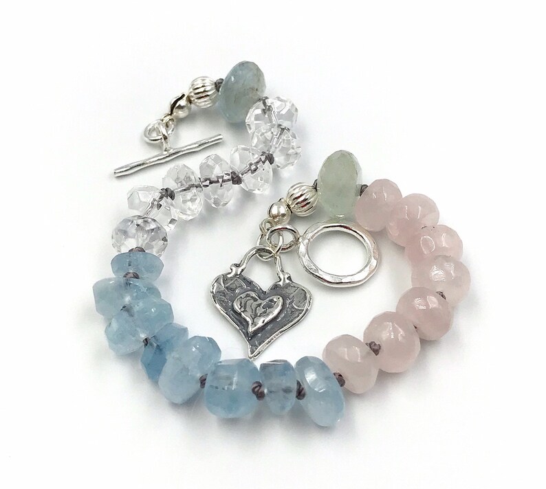 Silver 925 Heart Charm Magical Jewellery Multi Gemstone Soulmate Bracelet Love Crystal Bracelet Clear Quartz Aquamarine Rose Quartz