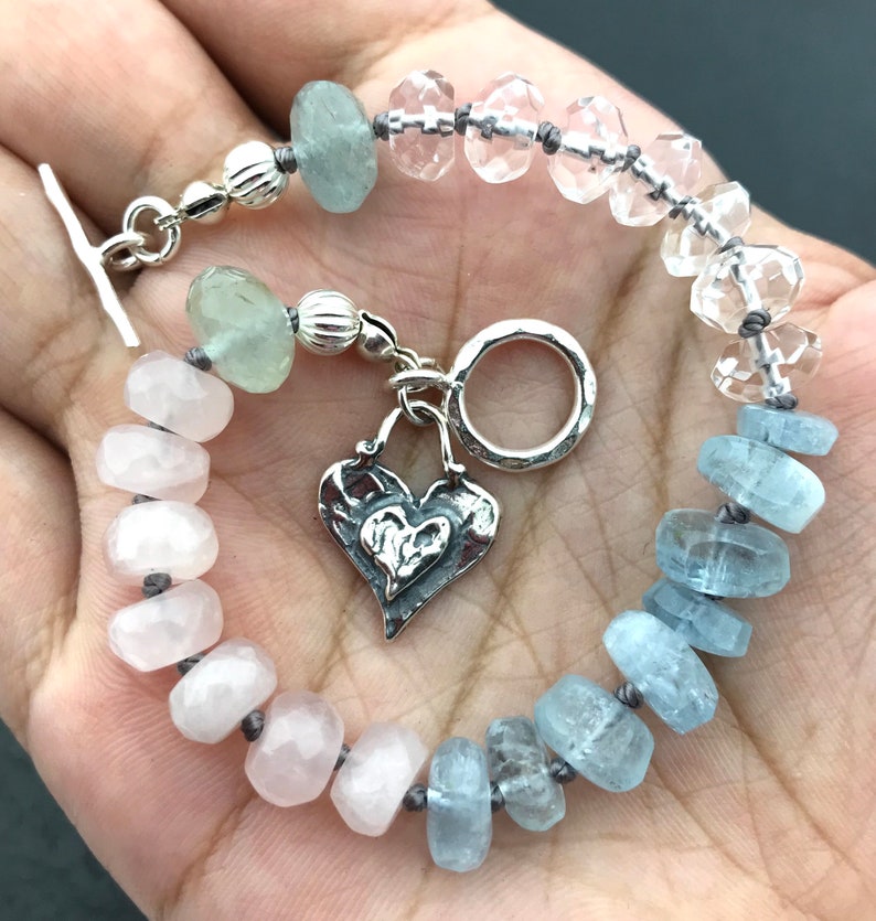 Silver 925 Heart Charm Magical Jewellery Multi Gemstone Soulmate Bracelet Love Crystal Bracelet Clear Quartz Aquamarine Rose Quartz