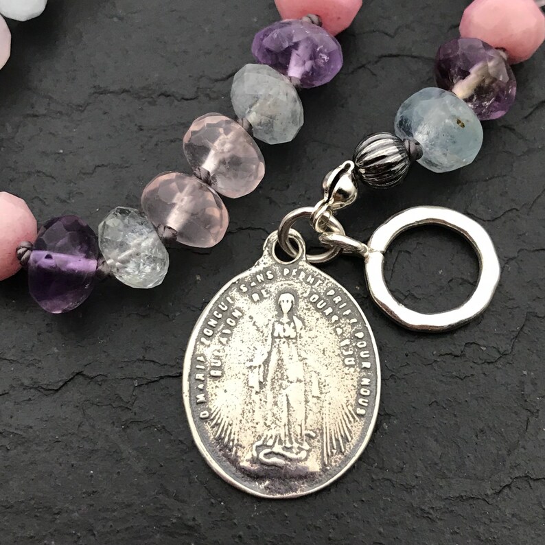Saint Michael The Archangel Multi Gemstone Bracelet Ametrine Rose Quartz Aquamarine Communion Gift Catholic Jewelry Sterling Silver