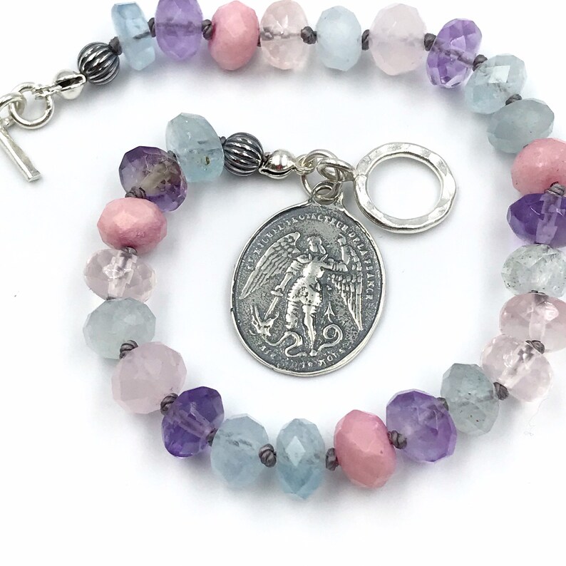 Saint Michael The Archangel Multi Gemstone Bracelet Ametrine Rose Quartz Aquamarine Communion Gift Catholic Jewelry Sterling Silver