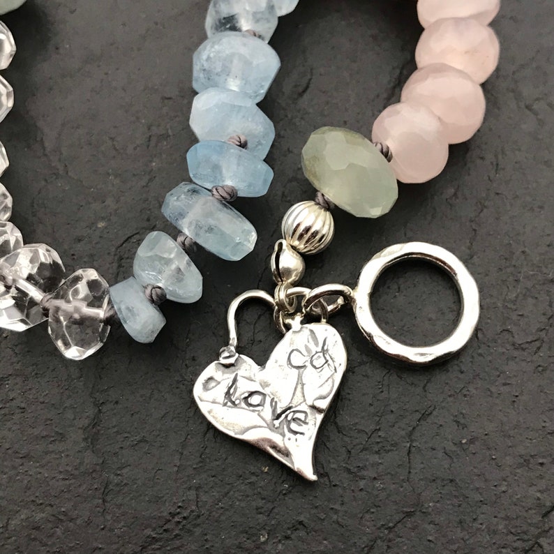 Silver 925 Heart Charm Magical Jewellery Multi Gemstone Soulmate Bracelet Love Crystal Bracelet Clear Quartz Aquamarine Rose Quartz