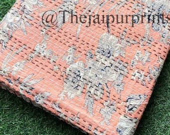 Floral Kantha Quilt: Indian Handmade Cotton Throw Blanket