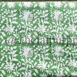 Green Floral Block Print Fabric, Indian Cotton Fabric, Dress Making Fabric, Printed Cotton Fabric, Sewing And Quilting Fabric