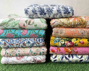 Handmade Indian Kantha Quilt: Bohemian Cotton Bedspread Throw