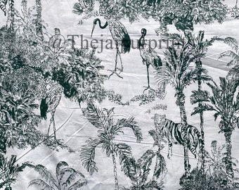 Jungle Botanical Fabric: Bengal Tiger, Crane Print, 44" Wide Cotton