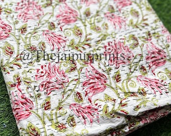 Floral Kantha Quilt: Indian Handmade Cotton Bohemian Bedspread