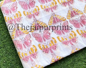 Butterfly Hand Block Printed Cotton Fabric, Indian Block Print Fabric, Fabric By The Yard, Women's Dressmaking Fabric, Quilt Fabric