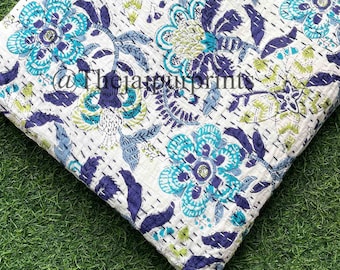 Floral Kantha Quilt: Handmade Indian Cotton Throw, Bohemian Bedspread (90x108)