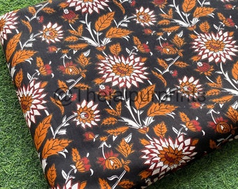 Black Floral Cotton Fabric, Indian Hand Block Print, Dress Fabric By The Yard
