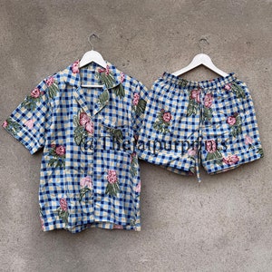 Floral Print PJ Set, Women&#39;s Pajama Shorts, Cotton Hand Block Print 100% Cotton Light Ultra-Soft Night Dress Lounge Set, Gift For Her