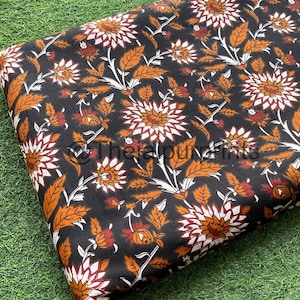 Black Floral Indian 100% Pure Cotton Fabric, Hand Block Print Fabric, Women's Dress Fabric, Fabric By The Yard, Hand Stamped Print Fabric