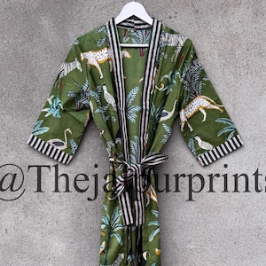 Green Jungle 100% Cotton Kimono Robes, Women's Dressing Gown, Nightwear Robe, Bridesmaid Robe, Beach Robe, Boho and Hippie Dress, Loungewear