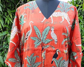 Abito caftano indiano in cotone: maxi copricostume boho con stampa animalier