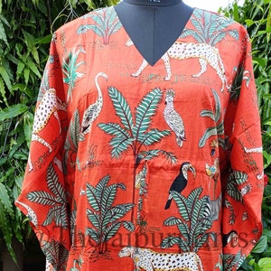 Indian Cotton Kaftan Dress: Animal Print Boho Maxi Beach Cover Up
