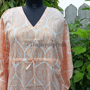 Orange Leaf Print Kaftan: Indian Cotton Boho Dress