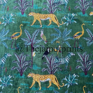 Green Jungle Printed Fabric By The Yard, Indian Velvet Print Zebra Animal Velvet for Upholstery, Curtain, Cushion, and Dress Making