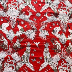 Red Animal Print Handmade 100% Pure Cotton Indian Fabric, Dress Fabric By The Yard, Sewing Fabric, Tiger Print Fabric, Jungle Pattern