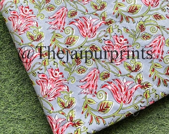 Gray Floral Print Indian Cotton Fabric: Hand Block Printed Sewing Fabric