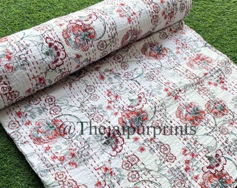 Floral Kantha Quilt: Handmade Indian Cotton Bohemian Bedspread