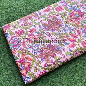 Pink Floral Print Cotton Fabric: Hand Block Printed Boho Sewing Fabric