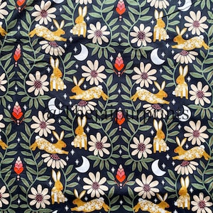 Black Bunny Rabbit Fabric, Soft Cotton Material, Nursery Fabric, Garden Art Rabbit Fabric For Clothing, Kids Clothing Fabric By The Yard