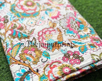 Floral Indian Kantha Quilt: Handmade Reversible Cotton Throw (90x108)