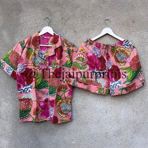 Floral Cotton Pajama Set: Hand Block Print Lounge Shorts