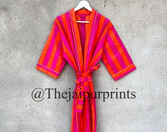 New Stripe Print Cotton Kimono Robe Dressing Gown, Block Print Bridesmaid Robe, Summer Nightwear, Plus Size Kimono