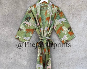 Cheetah Print Cotton Kimono Robe: Long Jacket, Beach Cover-Up