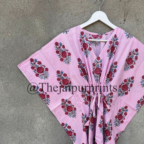 Beautiful Pink Striped Mughal Flowers Printed Kaftan Dress, 100% Indian Handmade Soft Cotton Caftan, Beach Cover Up, Dressing Women's Gown