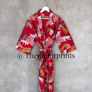 Women&#39;s Kimono Robe, Cotton Dressing Gown, Boho Cotton Bathrobe For Women, Lightweight 100% Organic Cotton Hand Printed Long Yakuta Japanese