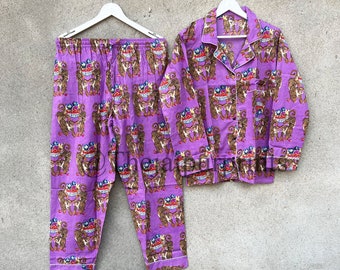 Organic Cotton Pajama Set, Nightwear Women Sleepwear Tiger Print 100% Cotton Pajamas, Women Boho Sleep Pants Long Sleeve Shirts Matching Set