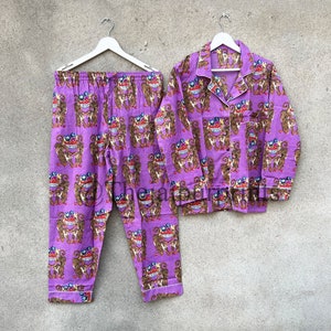 Organic Cotton Pajama Set, Nightwear Women Sleepwear Tiger Print 100% Cotton Pajamas, Women Boho Sleep Pants Long Sleeve Shirts Matching Set