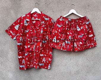 Christmas Cotton Pajama Shorts Set: Holiday Party Sleepwear