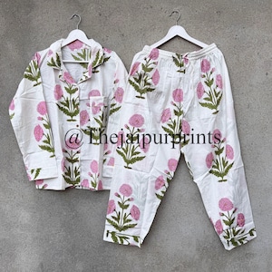 Indian 100% Pure Soft Cotton Pajama Set, Hand Block Mughal Floral Pj Set, Comfortable Night Wear Pajama Set, Wedding Pajama, Bridesmaid Gift