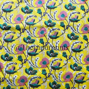 Yellow Floral Print Hand Printed Fabric By The Yard, Running Loose Sewing Craft Dressmaking Material Fabric, Kids And Boho Dress Fabric