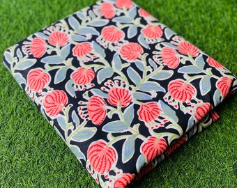 Black Indian Floral Cotton Fabric: Hand Block Printed, Natural Dyes