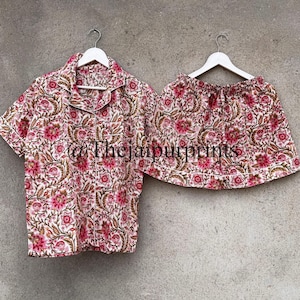 Hand Block Print Cotton Pajama Set: Women&#39;s Summer Lounge Nightwear