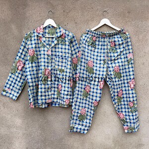 Floral Printed Pajama Set, Indian Cotton Handmade Women&#39;s Pj Set, Summer Nightwear, Beautiful Cotton Set, Bridal Wear Set, Gifts For Her
