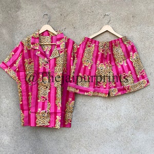 Pink Stripe Animal Print Cotton Pajama Shorts, Indian Pajama Set, Women&#39;s Nightwear Shorts, Hand Pajama Set, Gift For Her