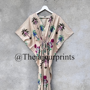 New Beautiful Beige Floral Printed Kaftan, Indian Hand Block Print Soft Cotton Kaftan, Kaftan For Women&#39;s, Long Dressing Gown, Maxi Dress