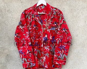 Conjunto de pijama de algodón con estampado de pájaros: Ropa de estar por casa para mujer