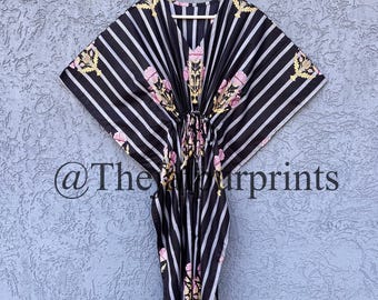 Floral Stripe Cotton Kaftan, Boho Beach Cover Up