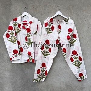 Floral Hand Block Print Pajama Set, Indian Soft Cotton Matching Long Pj Set, Bridesmaid Pajama Set, Women&#39;s Pajama Set, Loungewear Pajama,