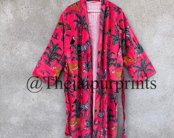 Pink Jungle Velvet Kimono Robe: Handmade Cotton Velvet Jacket