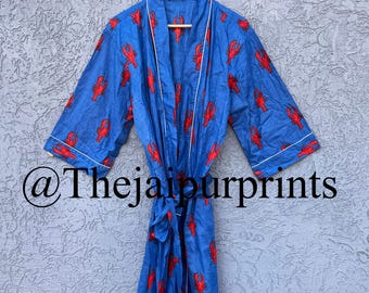 Blue Lobster Print Cotton Kimono Robe, Indian Loungewear